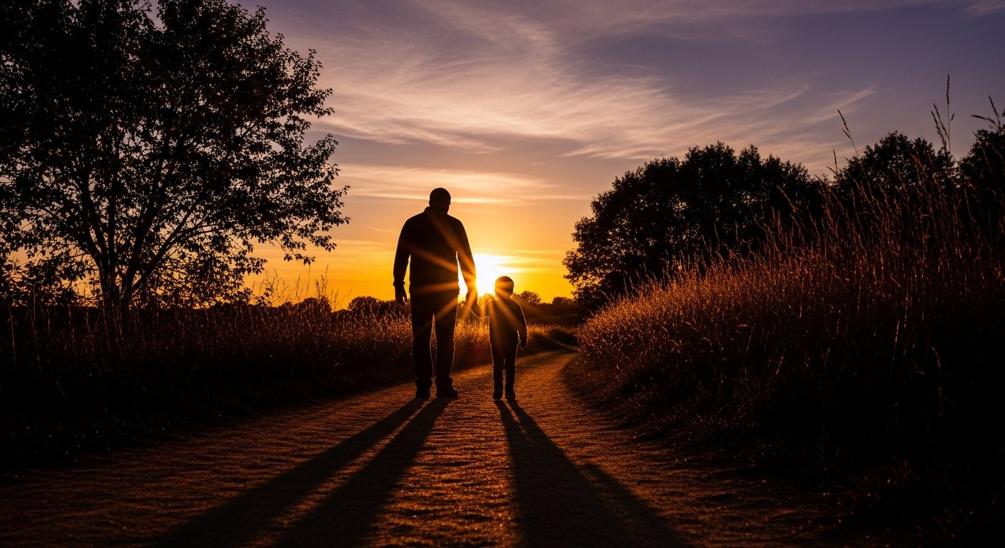 Father and son walking down a country road at sunset
