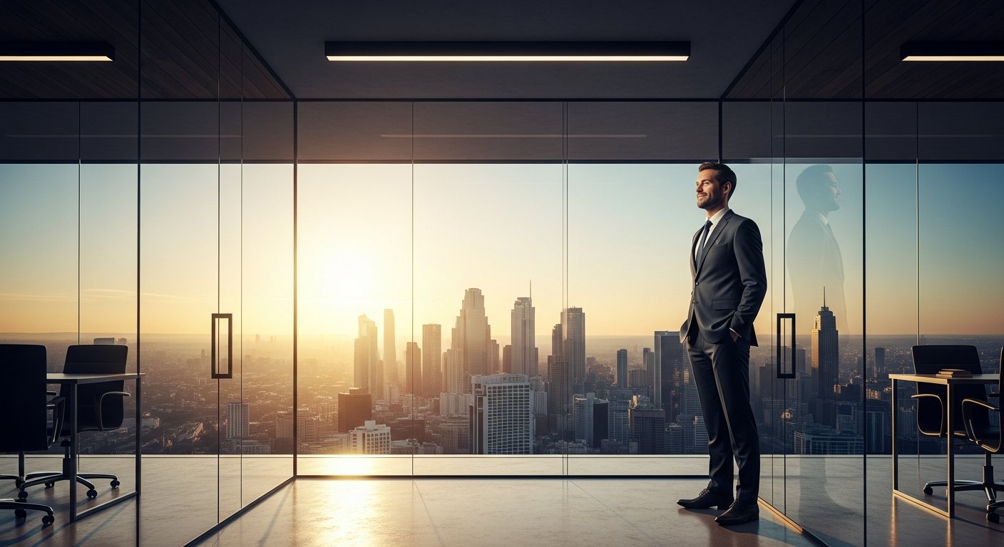 Business owner looking out over a city skyline from a glass office